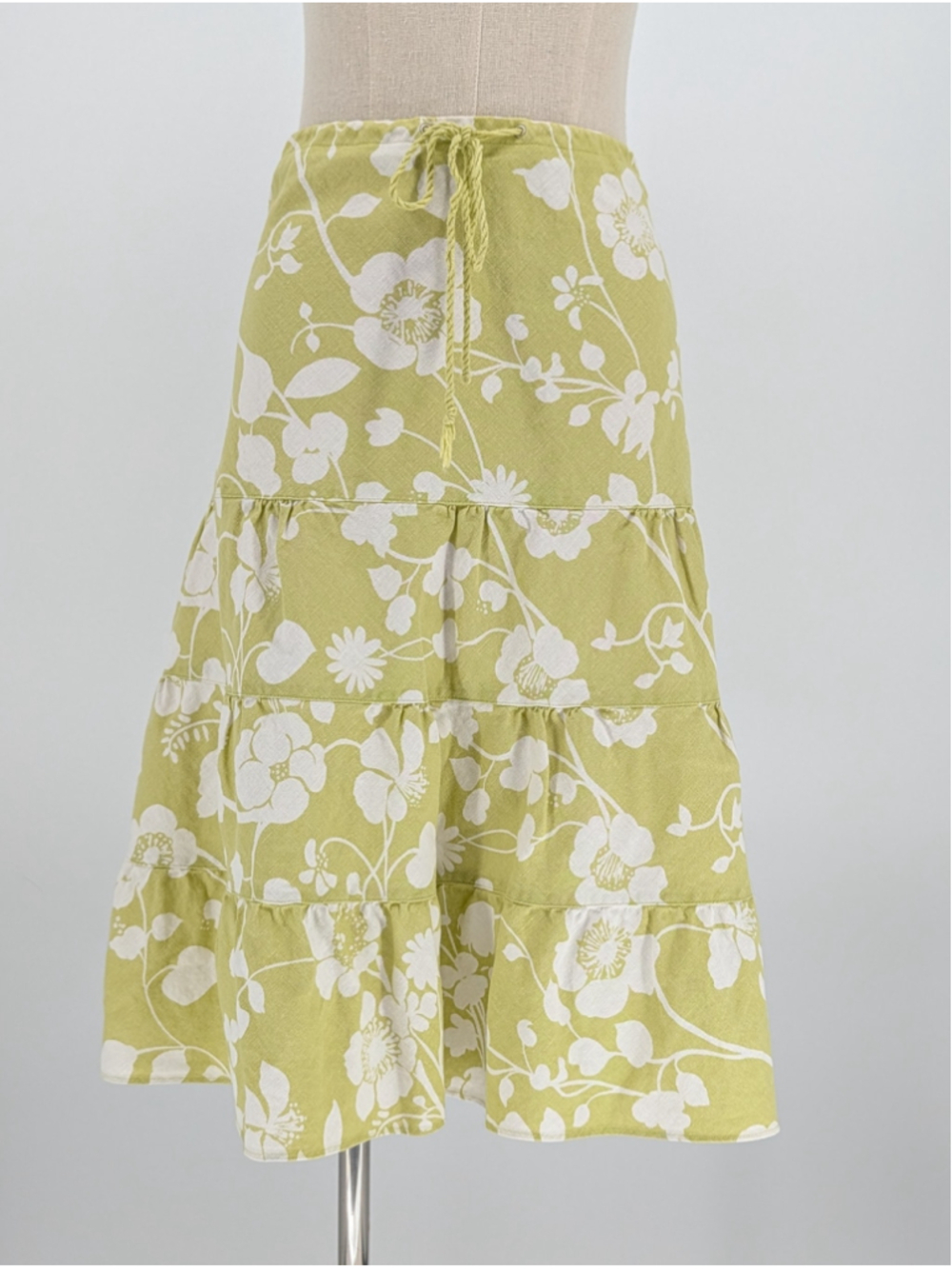 J.Crew Linen Cotton Tiered Floral Skirt S Chartreuse Green Drawstring Resortcore